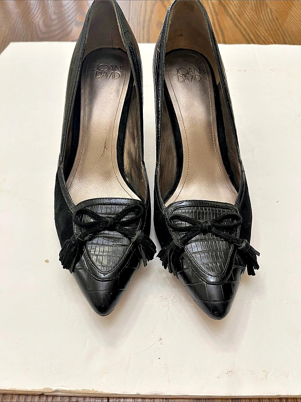 Joan David Black Pointed-Toe Tassel Heels
